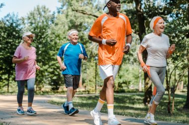 sportif çok kültürlü ve emekli erkek ve kadın parkta çalışan 