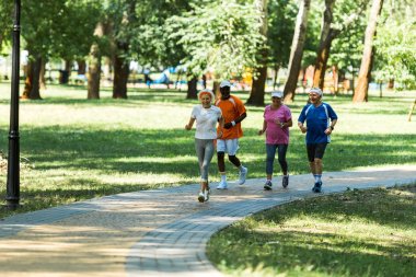 parkta yürüyüş yolunda koşu spor seçici odak çok kültürlü emekli erkek ve kadın 