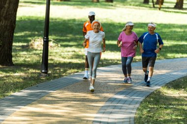 seçici odak çok kültürlü emekli kadın ve spor giyim erkekler parkta geçitte koşu 