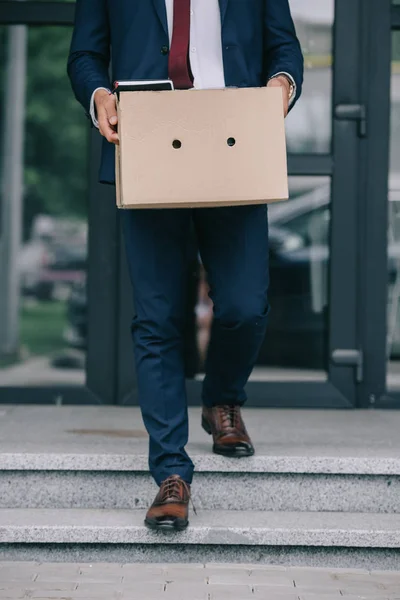 Cropped View Dismissed Businessman Walking Stairs Building Holding Box — Stock Photo, Image