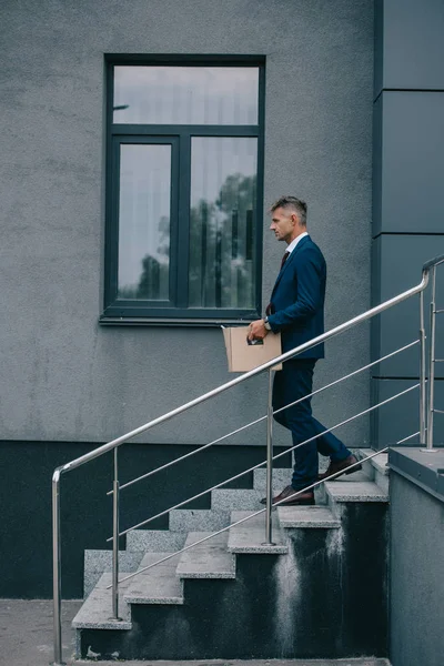Side View Dismissed Businessman Walking Stairs Building Holding Carton Box — Stock Photo, Image