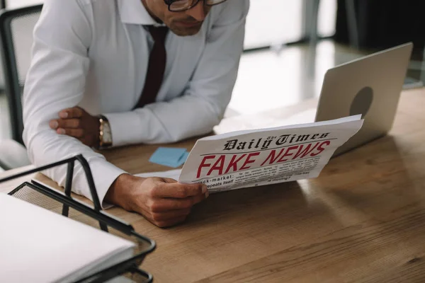 Cropped View Businessman Glasses Reading Newspaper Fake News — Stock Photo, Image