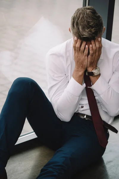 Sad Man Covering Face Hands While Sitting Floor — Stock Photo, Image