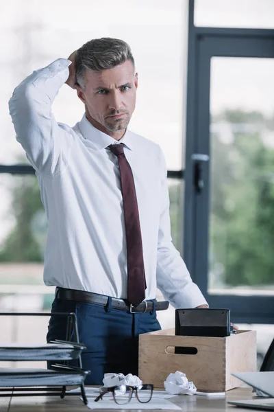 Selective Focus Handsome Businessman Looking Camera Wooden Box Document Tray Stock Picture