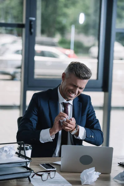Angry Businessman Suit Holding Crumpled Paper Ball Gadgets Royalty Free Stock Photos