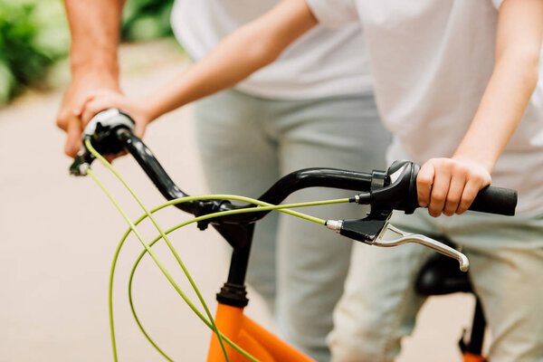 cropped view of boy holding handles of bicycle while father standing near son