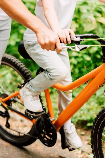 Cropped View Father Holding Handle Bicycle Help Son Ride — Stock Photo, Image