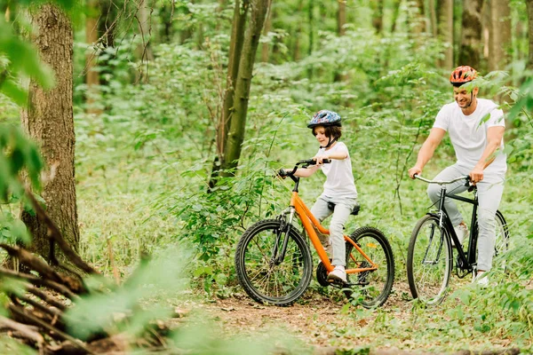 Selective Focus Father Son Helmets Riding Bicycles Forest — Stock Photo, Image