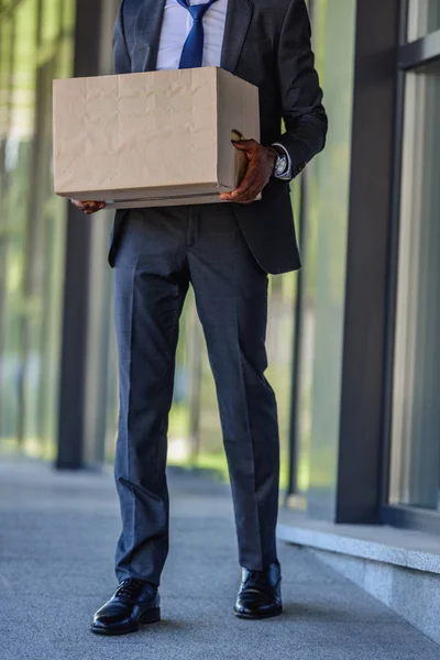 Cropped View Dismissed African American Businessman Holding Carton Box — Stock Photo, Image