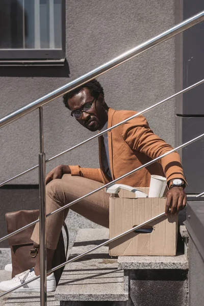 Sad Dismissed Businessman Sitting Stairs Street Carton Box — Stock Photo, Image