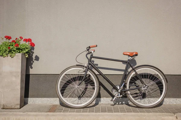 Велосипед Червона Квітка Вазоні Біля Сірої Стіни Вулиці — стокове фото