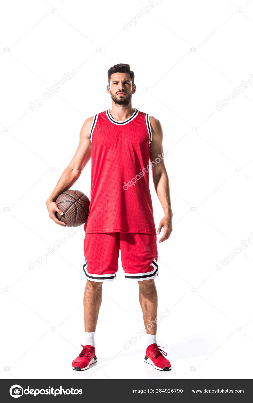 Sportive Basketball Player Holding Ball Looking Camera Isolated White