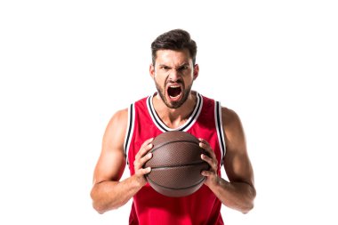 Beyaz üzerinde Izole topu ile öfkeli basketbol oyuncusu 