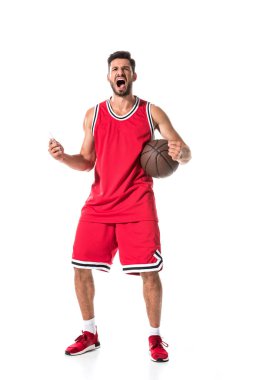 Beyaz üzerine Izole el ve topu ile basketbol oyuncusu bağırarak 