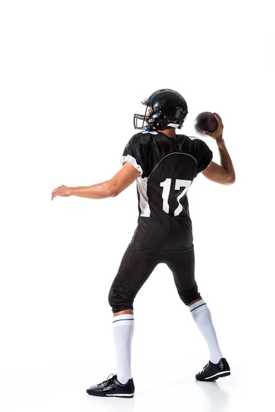 Back View American Football Player Throwing Ball Isolated White — Stock Photo, Image