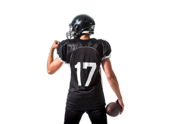 Vista Posterior Del Jugador Fútbol Americano Con Pelota Aislada Blanco — Foto de Stock