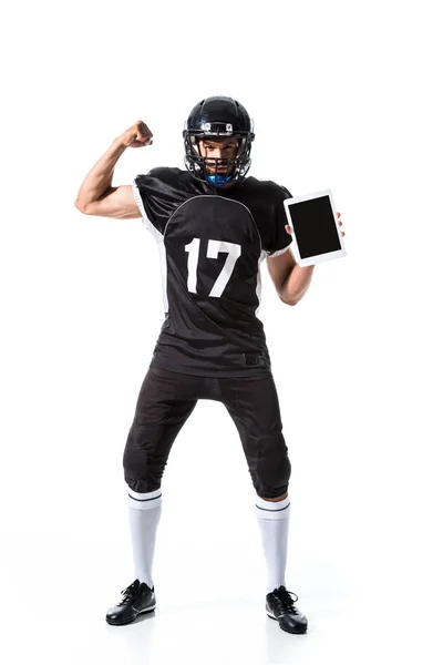 American Football Spieler Mit Digitalem Tablet Und Geballter Hand Isoliert — Stockfoto