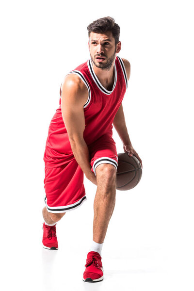 bearded athletic basketball player in uniform with ball Isolated On White 