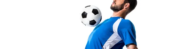 Panoramic Shot Soccer Player Training Ball Isolated White — Stock Photo, Image