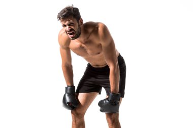 gömleksiz Boxer boks eldiven içinde beyaz kopya alanı ile Izole