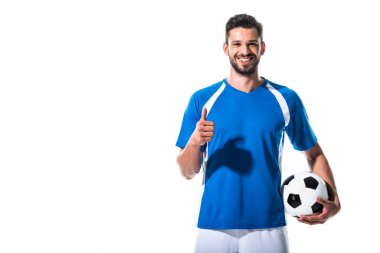 happy soccer player with ball showing thumb up Isolated On White clipart