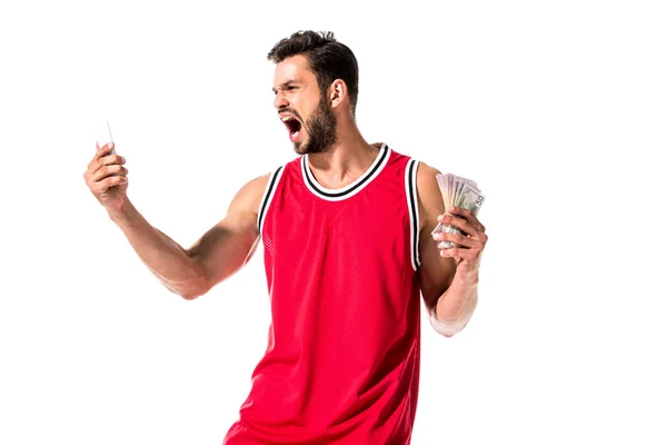 Jugador Baloncesto Enojado Celebración Dinero Teléfono Inteligente Aislado Blanco — Foto de Stock