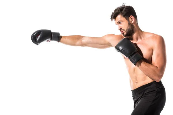 Side View Shirtless Boxer Boxing Isolated White — Stock Photo, Image