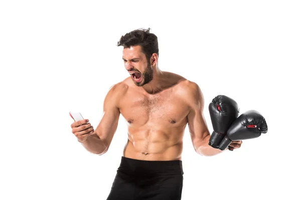 Boxeador Sin Camisa Con Teléfono Inteligente Gritando Aislado Blanco — Foto de Stock