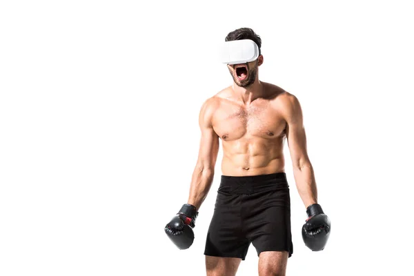 Boxer Sin Camisa Enojado Auriculares Realidad Virtual Aislado Blanco — Foto de Stock