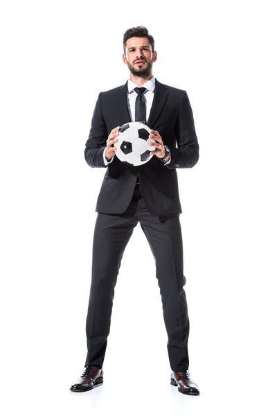 Handsome Businessman Formal Wear Soccer Ball Isolated White — Stock Photo, Image