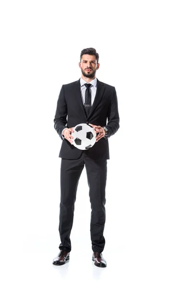 Guapo Hombre Negocios Ropa Formal Con Pelota Fútbol Aislado Blanco — Foto de Stock