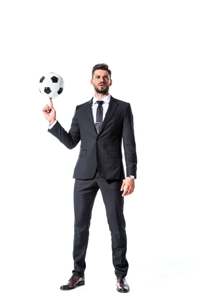 Jóképű Üzletember Hivatalos Viselet Spinning Futball Labda Ujját Elszigetelt Fehér — Stock Fotó