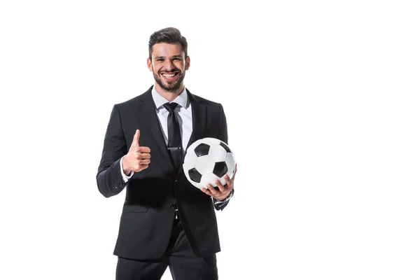 smiling businessman in formal wear with soccer ball showing thumb up Isolated On White