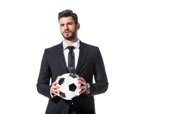 Handsome Businessman Formal Wear Holding Soccer Ball Isolated White — Stock Photo, Image
