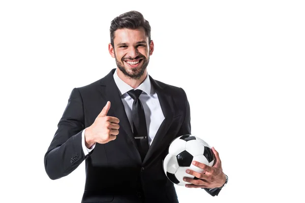 smiling businessman in formal wear with soccer ball showing thumb up Isolated On White
