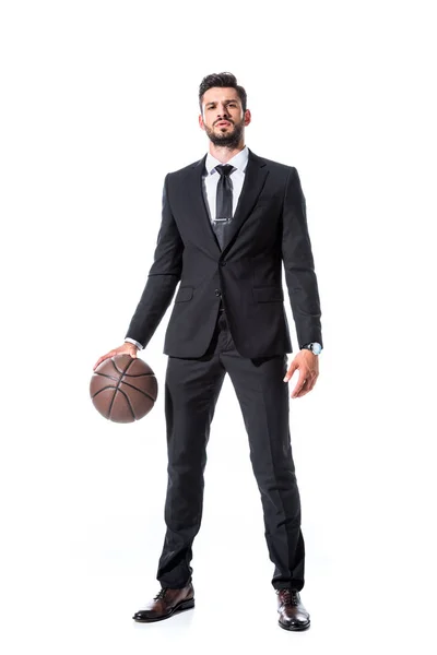 Handsome Businessman Formal Wear Basketball Looking Camera Isolated White — Stock Photo, Image