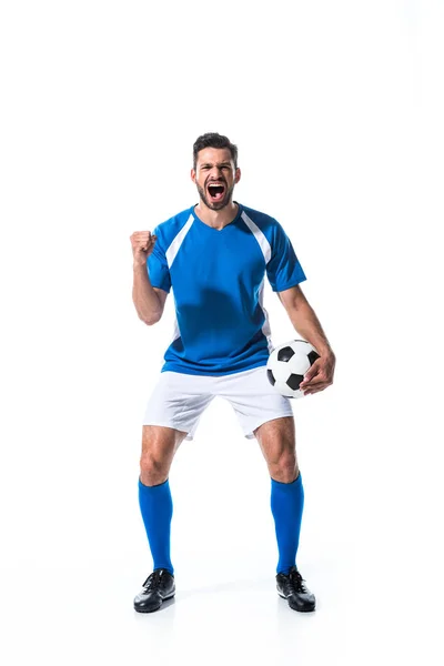 Excited Soccer Player Ball Clenched Hand Yelling Isolated White — Stock Photo, Image