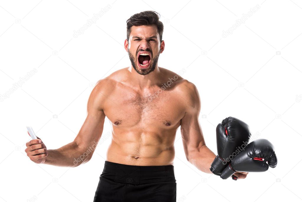 angry handsome shirtless Boxer with smartphone yelling Isolated On White