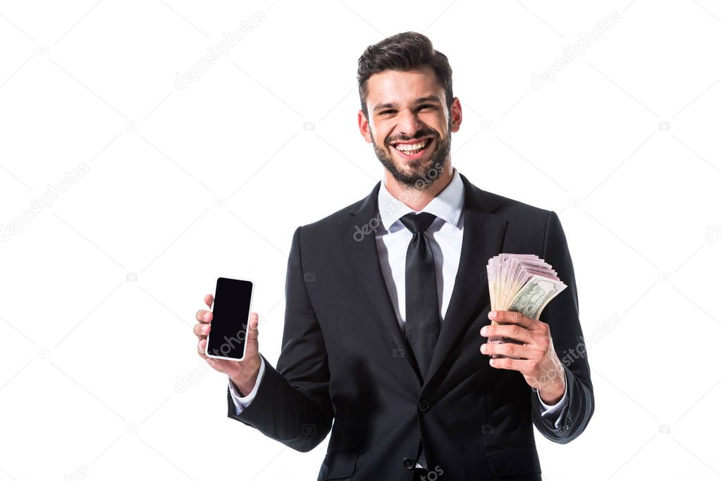 happy businessman with smartphone and dollar banknotes Isolated On White