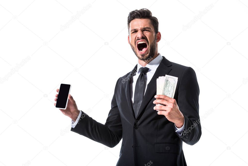 shouting businessman with smartphone and clenched hand Isolated On White