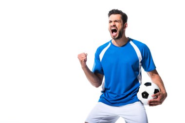 excited soccer player with ball and clenched hand Isolated On White clipart