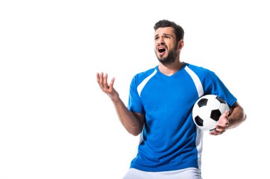 Beyaz üzerinde Izole topu ile hayal kırıklığı futbol oyuncusu