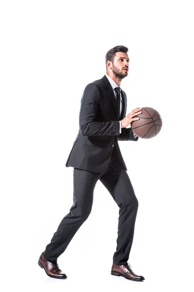 Handsome Businessman Formal Wear Basketball Isolated White — Stock Photo, Image