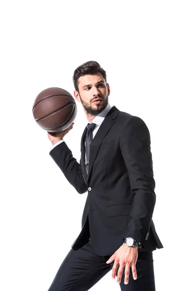 Guapo Hombre Negocios Ropa Formal Celebración Baloncesto Aislado Blanco — Foto de Stock