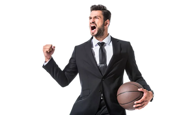 Pengusaha Bersemangat Dalam Pakaian Formal Dengan Bola Basket Dan Tangan — Stok Foto
