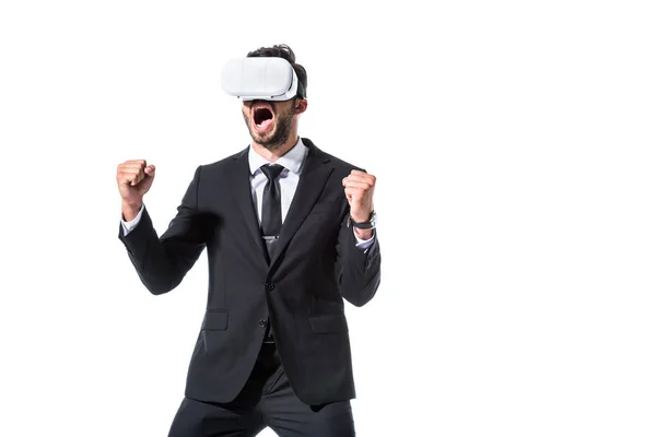 Animando Hombre Negocios Auriculares Realidad Virtual Con Las Manos Cerradas — Foto de Stock
