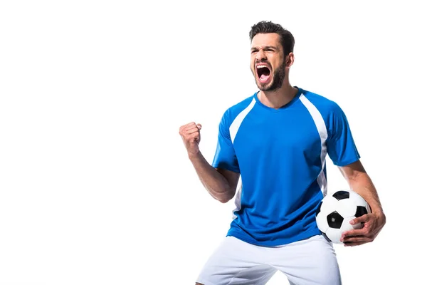 Excited Soccer Player Ball Clenched Hand Isolated White — Stock Photo, Image