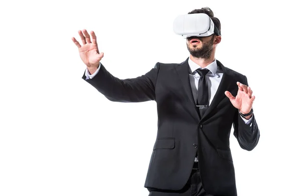 Businessman Formal Wear Virtual Reality Headset Gesturing Isolated White — Stock Photo, Image