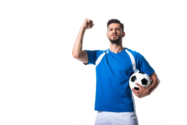 Futbolista Con Pelota Gesto Con Mano Apretada Aislado Blanco — Foto de Stock