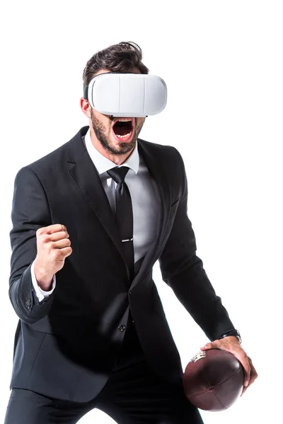 Uomo Affari Eccitato Cuffia Realtà Virtuale Con Palla Rugby Mano — Foto Stock